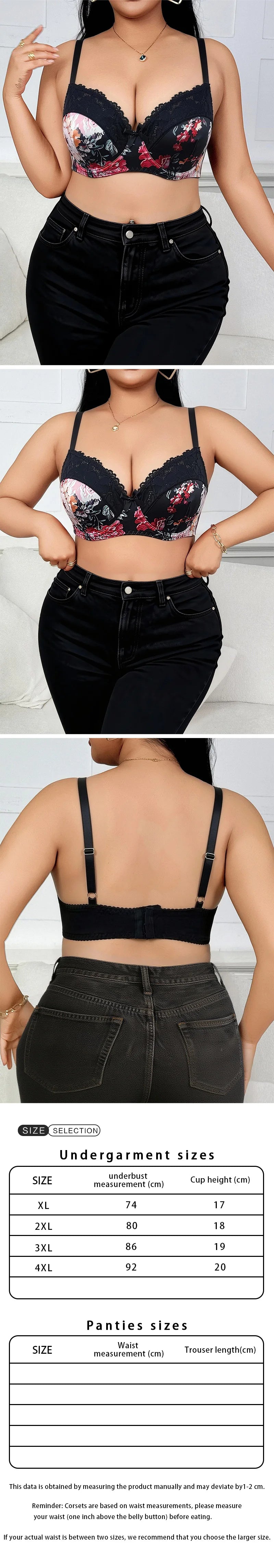 Anti-sag Push Up Bra Plus Size Black Base Red Floral Print Lace Side Gather Lift Up Large Brassiere Flower Pattern Underwear