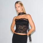 FDYOUI Woman Clothes Summer Bandage Lace Corset T-shirt 2026 Sexy Off Shoulder See-through Crop Tops Evening Party Top Black
