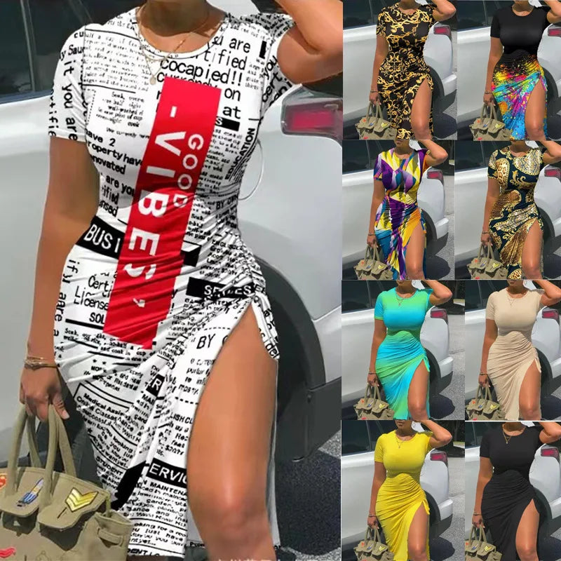 Trendy Printed Slim Midi Dresses Women Fashion Package Hip Bodycon Short Sleeves Drawstring Slit Dress Casual Ladies Streetwear