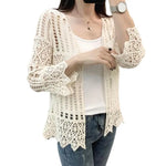 3/4 Sleeve Hollow Out Open Front Sheer Sweater Crochet Cardigan for Women Lightweight Boho Summer Beach Knit Shrug