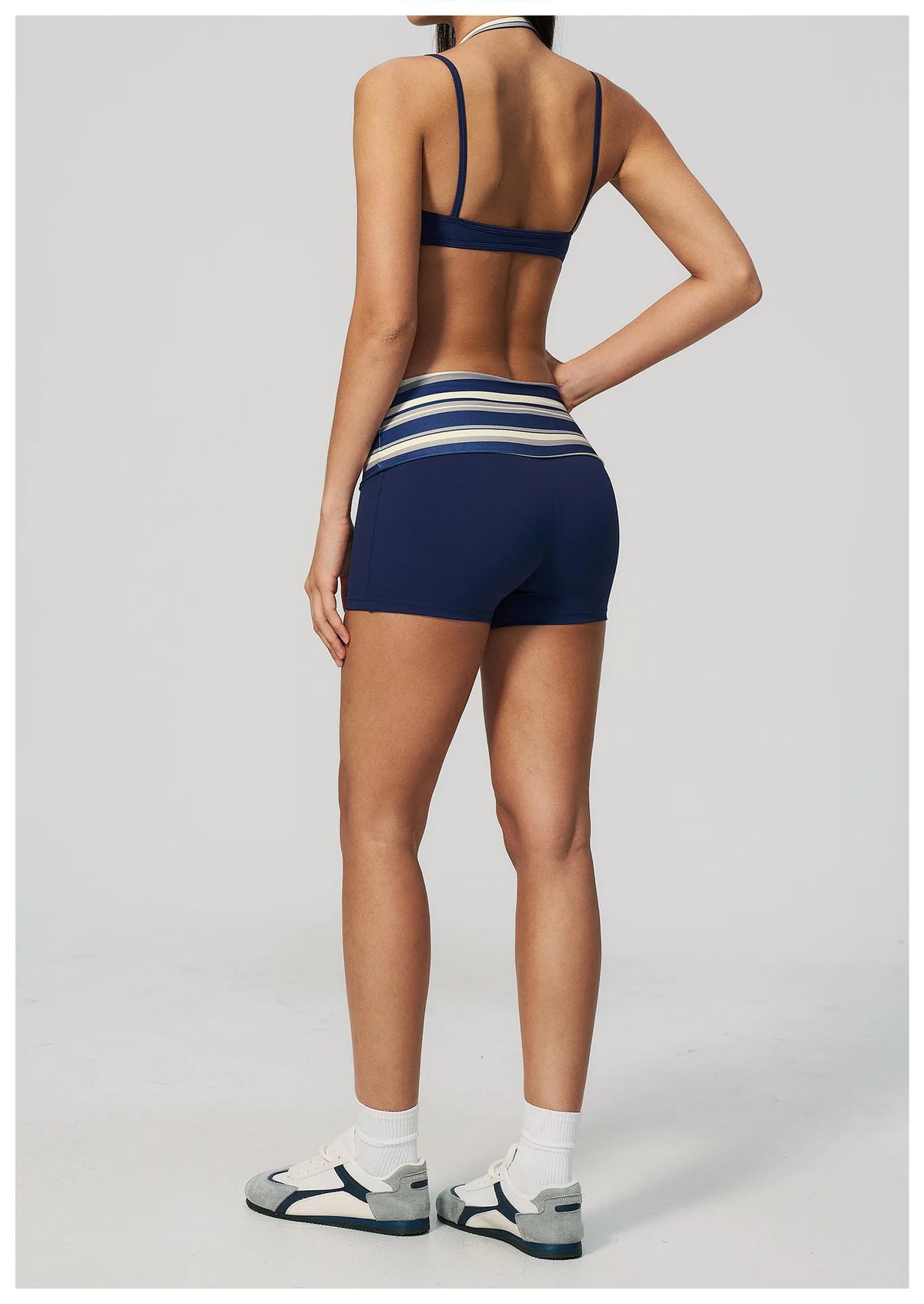 Breathable Striped Patchwork Yoga Clothing Women Fake Two-piece Sports Bra Folding High Waist Shorts Gym Running Fitness Suit