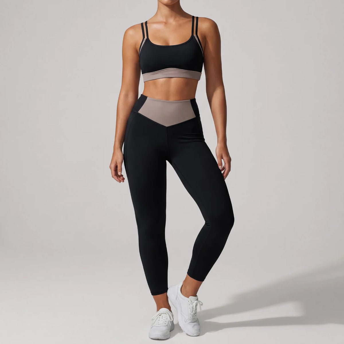 Summer Color-block Yoga Sets Women Thin Strap Open Back Shockproof Sports Bra Tight High Waist Leggings Training Fitness Suits