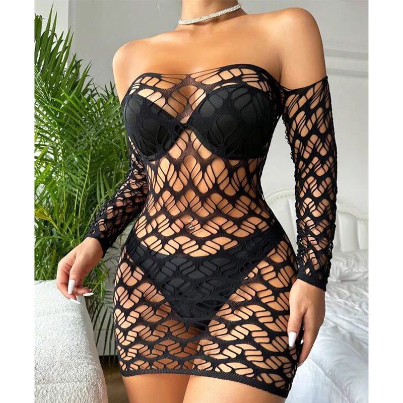 Ladies Long Sleeve Sheer Mesh Cover Up Dress, Stylish See-Through Fishnet BeachwearFor Summer Vacation