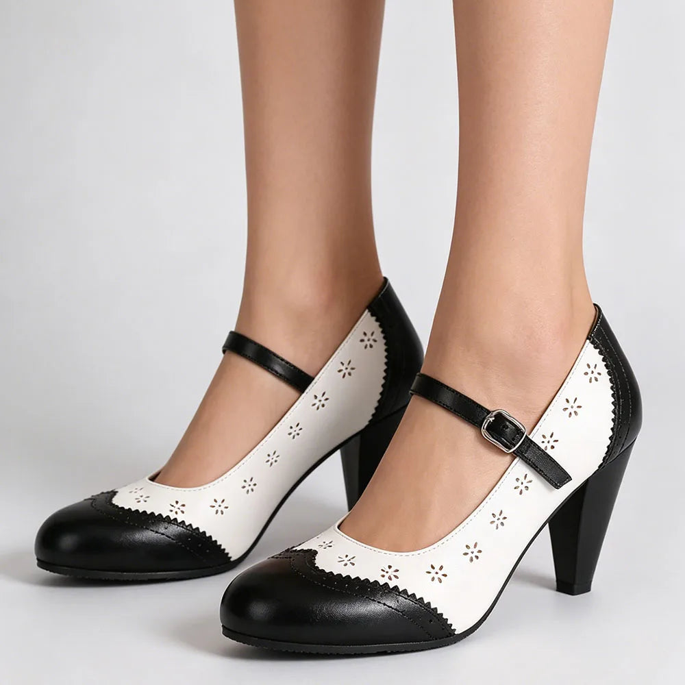 2026 Plus Size 48 Vintage Brown 7.5cm High Heels Mary Janes Pumps Retro Comfy Walk Summer Pink Office Lady Brogue Shoes Women