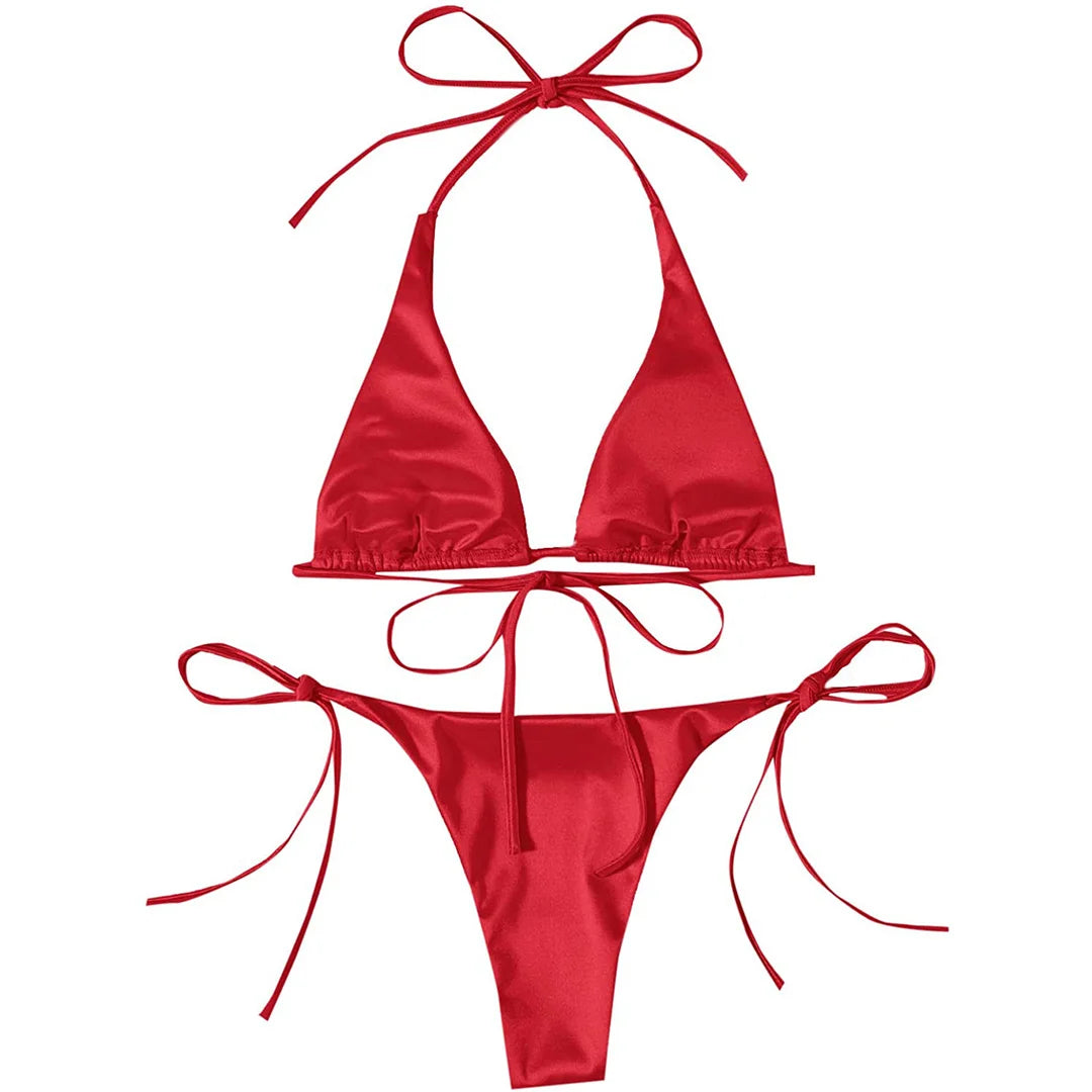 Sexy Satin Halter Brazilian Padded Bikini Female Swimsuit Women Swimwear Two-Pieces Bikini Set Bather Bathing Suit Swim V4966S