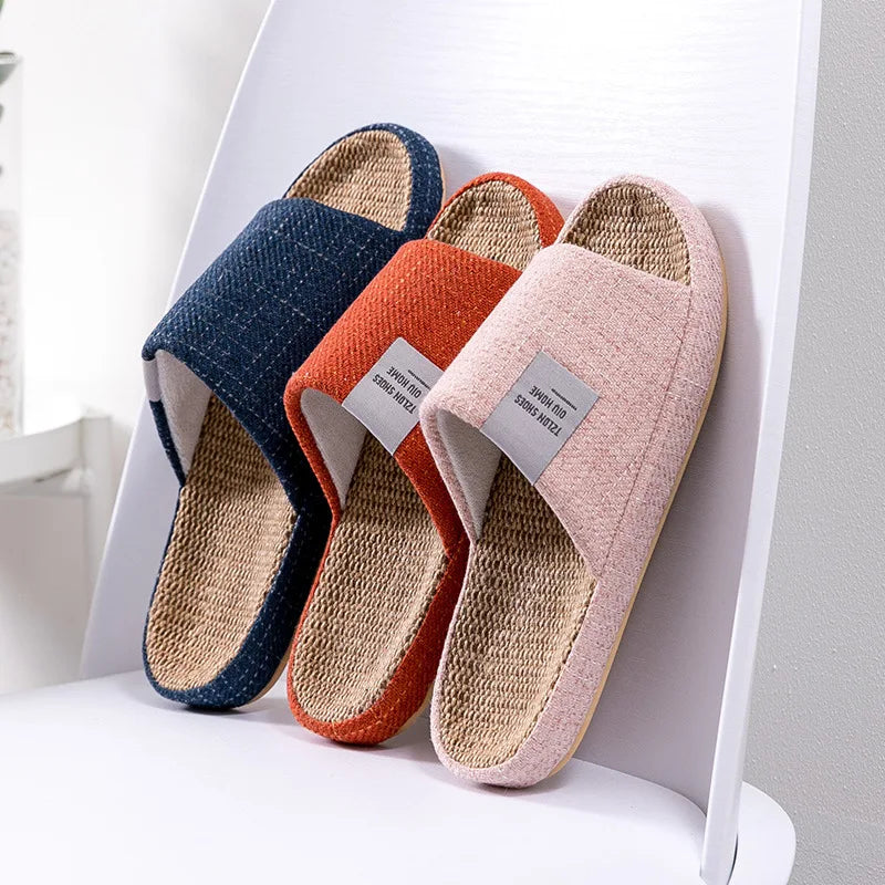 Breathable Flax Slippers Women Men Indoor Mute Slipper Anti-slip Lovers House Floor Shoes SoftLadies Summer Home Slides