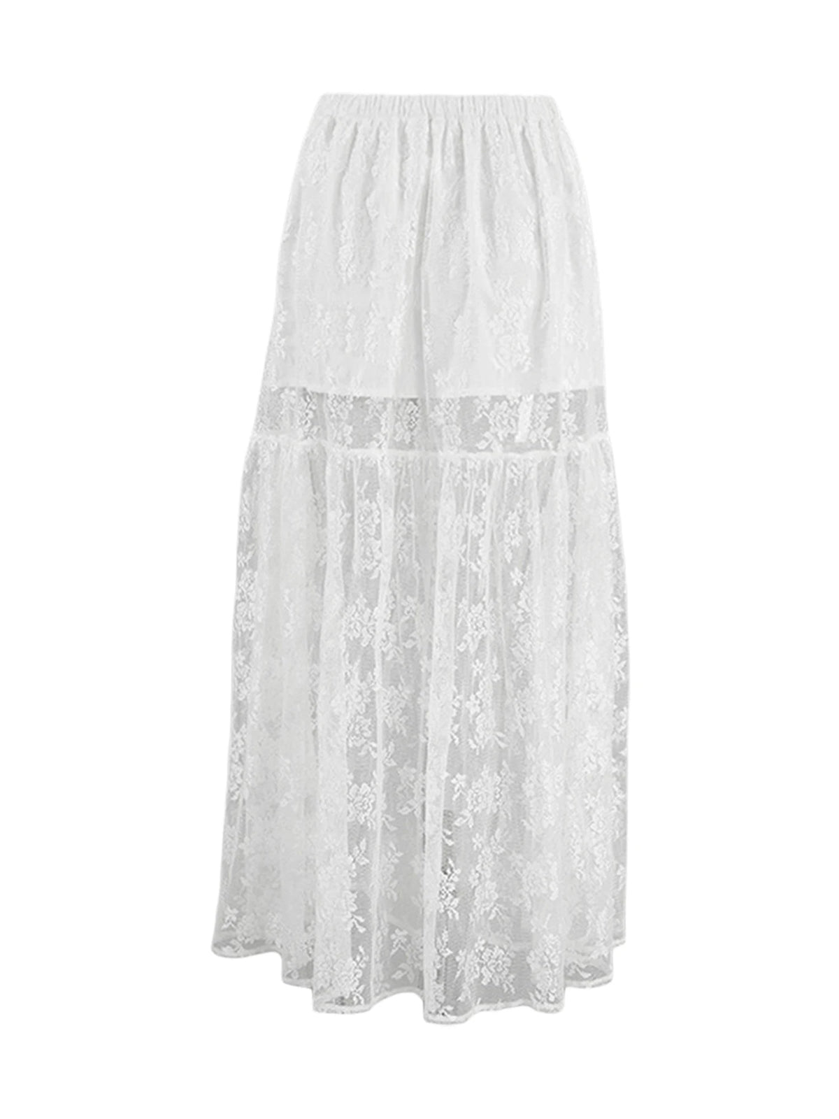 Women See-Through Lace A-Line Skirts Casual Summer Solid Color Elastic Waist Long Skirt for Beach Vacation Club