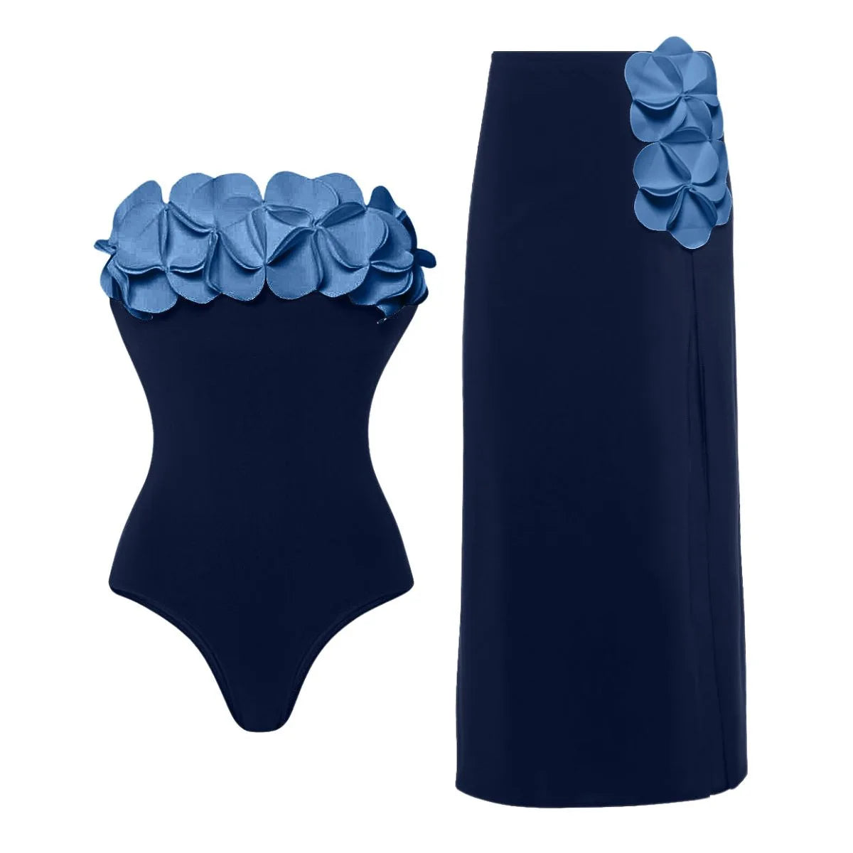 Vintage White Black Patchwork One Piece Swimsuit Long Skirt Set Women Sexy 3D Flower Bandeau Push Up Slim Holiday Swimwear 2025
