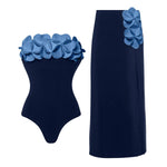 Vintage White Black Patchwork One Piece Swimsuit Long Skirt Set Women Sexy 3D Flower Bandeau Push Up Slim Holiday Swimwear 2025