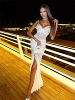 Ahagaga Elegant Lace Women Maxi Dresses Strapless Sheer Sexy Folds Solid Asymmetrical V-Neck Vestidos Robe Sheath Slim Fit Party