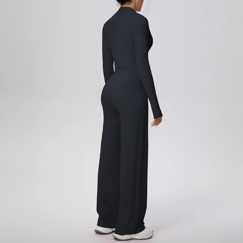 2 Pcs Women's Seamless Yoga Set Long-sleeved Wide-leg Pants Tracksuit Fitness Sports Set High-waisted Hip-lifting Slim-fit Suit