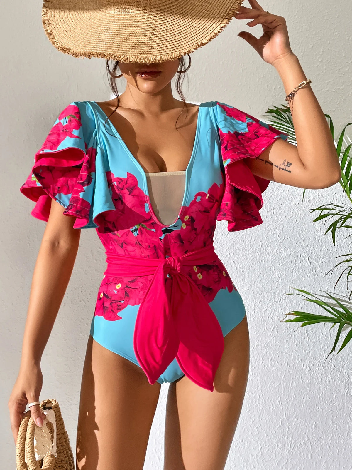 Sexy Ruffle Shoulder Swimsuit V-Neck Swimwear Women Backless Push Up Bathing SuitBeach Wear 2024 Female Swimming Suit