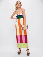 Elegant High Waist 2025 Party Long Dress Fashion Casual New Striped Colorful Women Sexy Spaghetti Strap Bohemian Mixi Dresses