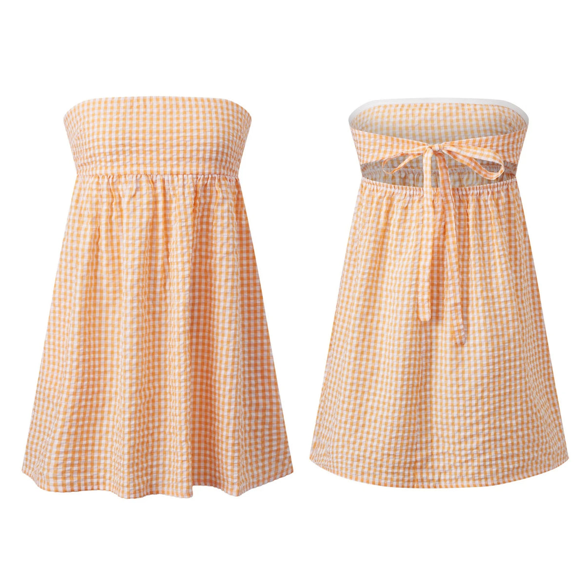 Women Tube Top Mini Dress Off Shoulder Strapless Plaid Bandeau Dress Summer Casual Boho Daily Dresses Streetwear