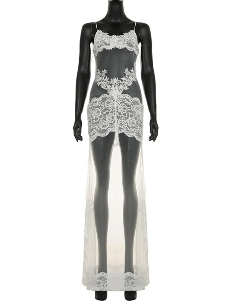 FDYOUI Sexy Lace Patchwork Mesh Long Dress Women Spaghetti Strap See-through Evening Party Dresses White Black Night Club Outfit