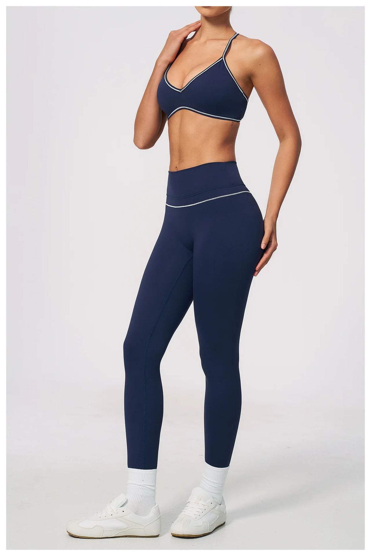 New Yoga Suit Women Color Blocked V-neck I Shape Sports Bra Fitness Clothes Summer Tight Running High Waist Leggings Tracksuit