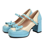Plus Size 32-48 Sweet Lolita Patent Leather Mary Jane Shoes Women Gothic Square Toe Bow Tie Platform Chunky Heels Brogue Pumps