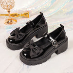 Women Bow Decor Platform Mary Jane Shoes Round‑Toe Ankle Strap Lug‑Sole PU Leather Black Glossy Sweet Casual Daily Shoes