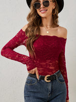 European and American elegant scalloped neckline, off-the-shoulder lace slim fit T-shirt long-sleeved top