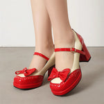 Plus Size 32-48 Sweet Lolita Patent Leather Mary Jane Shoes Women Gothic Square Toe Bow Tie Platform Chunky Heels Brogue Pumps