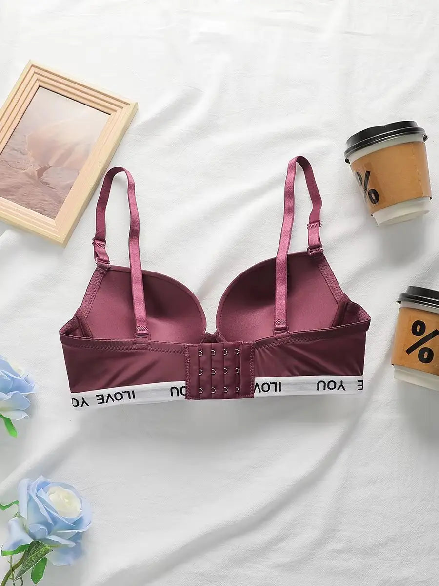 Underwired Push Up Bra Women Letter Printed Underband Adjustable Thin Straps Support Gathering Daily Lingerie B6067