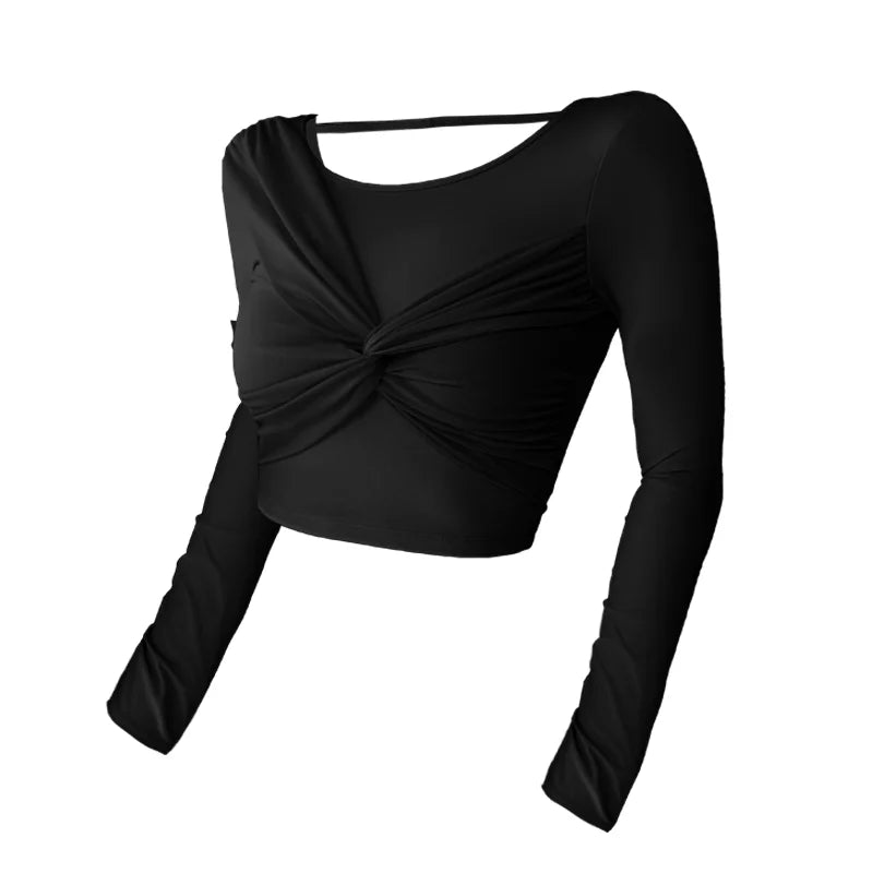 Women Twist Front Cutout Back Long Sleeve Yoga Tops Padded Sports Crop Top Slim Fitness Running Workout Athletic Shirts
