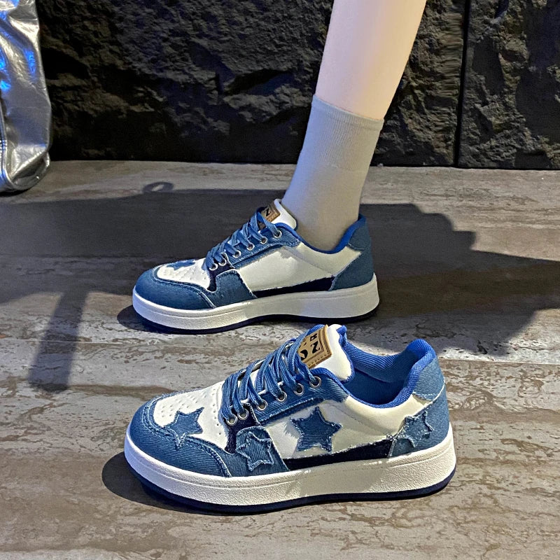 Women Denim Patchwork Star Decor Skate Sneakers Lace‑Up Low Top Thick Sole Fashion Casual Daily Walking Board Shoes For Ladies