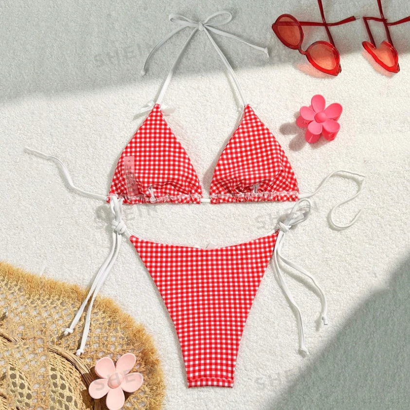 Red Plaid String Halter thong Micro Bikini for Women Mini Swimwear Lace-up Sexy Swimsuit Bathing Suit Triangle Bikinis Sets 2026
