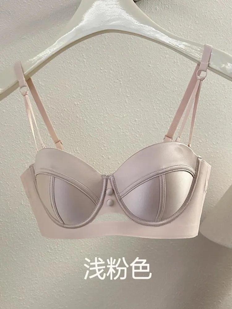 TikTok Viral MOYISU Summer Satin Bralette Strapless Push Up Bra&Set French Retro Anti Sag Lingerie Set Small Breast Support Gift