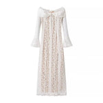 Off Shoulder White Lace Party Dress Flare Sleeve Bowknot Party Maxi Dress Sexy Elegant Summer Bodycon Vestidos Embroidery Robe