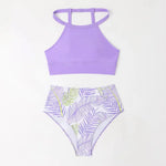 Sexy Light Purple High Waist Bikini 2024 Woman High Neck Swimsuit Female Two Pieces Swimwear Women Print Beach Wear Bathing Suit