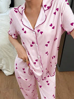 Loose Fit V-Neck Short Sleeve Print Cardigan Tops and Long Pants Set Home Sleepwear Women's Sleepwear Casual Pajamas Set