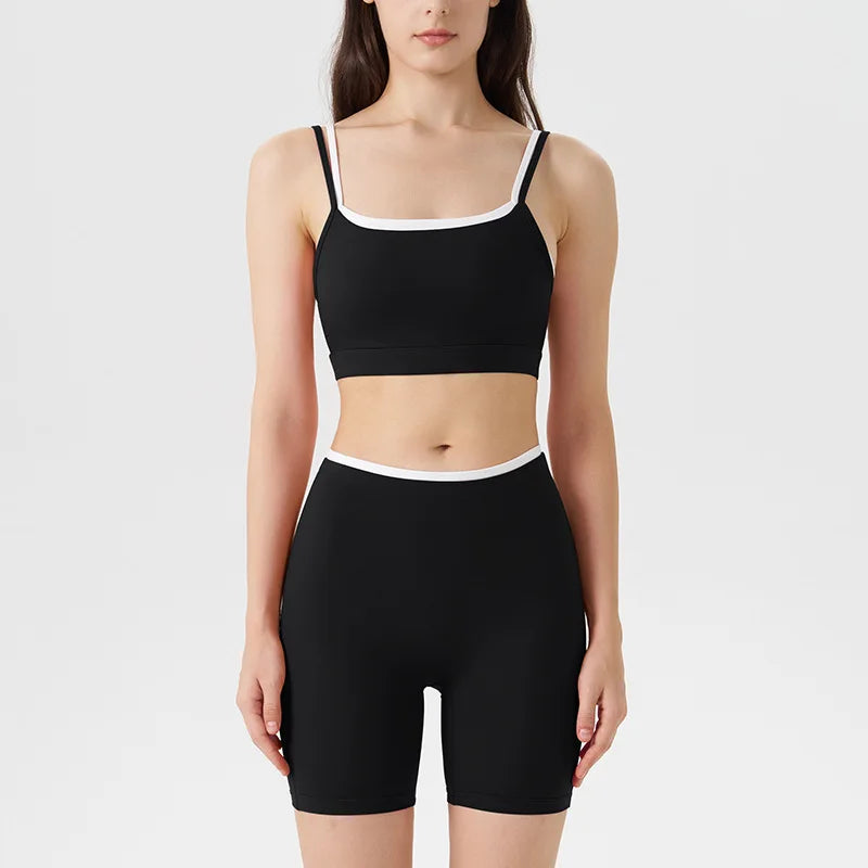 Women's 2-piece Yoga Set Fake Two-Piece Color-Block White Stripe Camisole Running Sports Bra Shorts Yoga Outfit Set