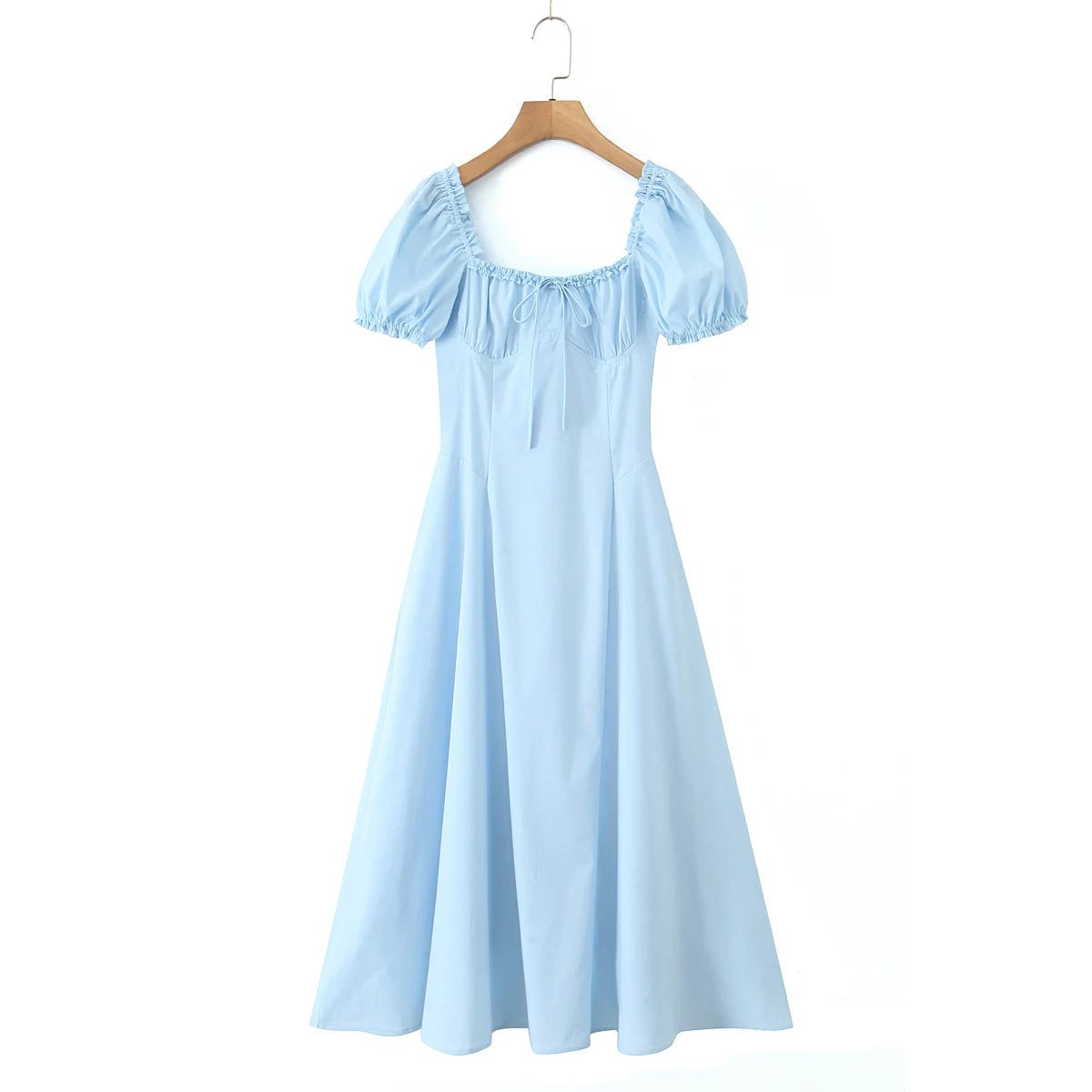 Bowknot Ruffles Light Blue Midi Dress Women's Summer Off Shoulder Short Sleeve Beach Dress Drawstring White A-line Vestidos 2025