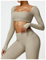 Hearuisavy Summer Casual Quick Dry Sportswear Women Square Neck Gym Top Women Fitness Sports Crop Top Long Sleeve Yoga Clothing
