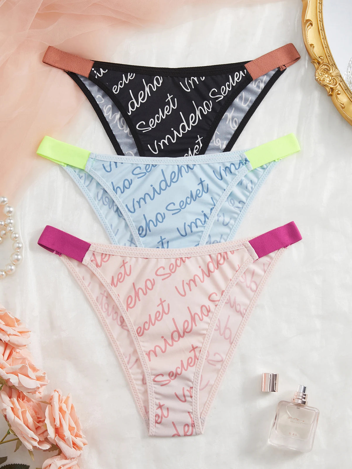 3PCS Women's Letter Print Dopamine Colors Panties Elastic Thin Briefs Soft Breathable Female Underwear