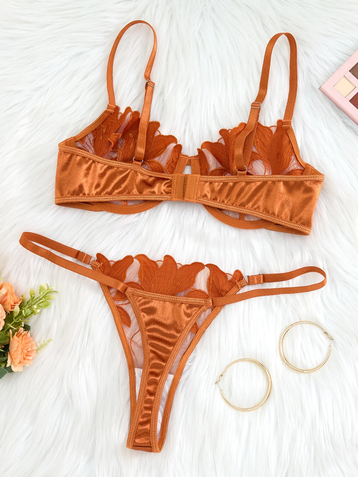 GOLD Floral Embroidery Satin Lingerie Set Sheer Mesh Underwire Bra & Thong Women Sexy Intimates ZA824031