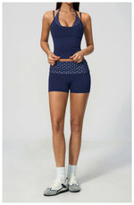 Quick Drying Polka Dot Patchwork Yoga Sets Women Hanging Neck Slim Shockproof Sports Tank Top Gym High Waist Shorts Fitnss Suit