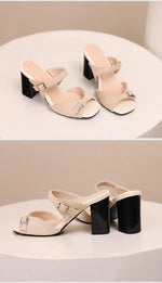 Fashion Leopard Print Square Heel Slippers Summer New Square Toe Metal Buckle Non-slip Wear-resistant Kitten Heel Shoes