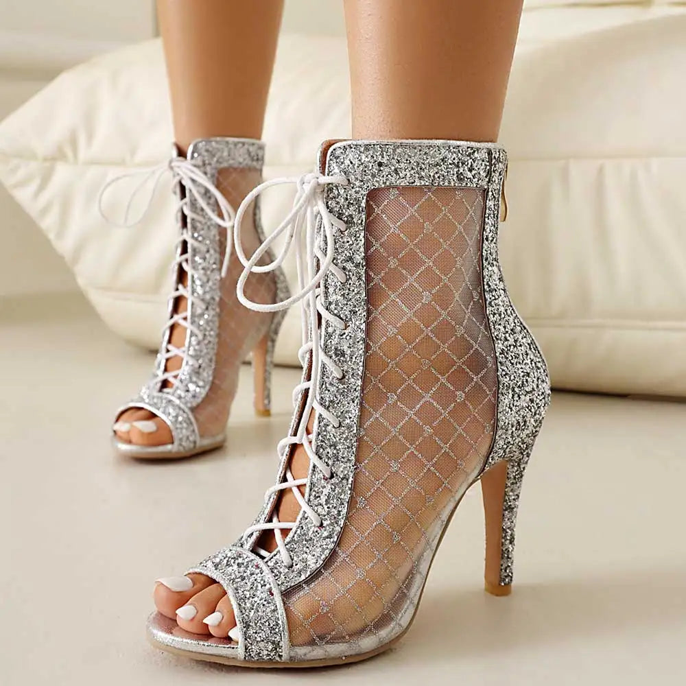 Plus Size 48 Sexy Black Sequined Summer Boots Peep Toe Cross-tied Ankle Boots Zipper Silver Thin High Heels Boots Party Shoe
