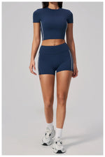 Color Contrast Yoga Suit Women Short Sleeve O Neck Sports T Shirts Tracksuit Outwear High Waist Shorts Gym Running Fitness Suits