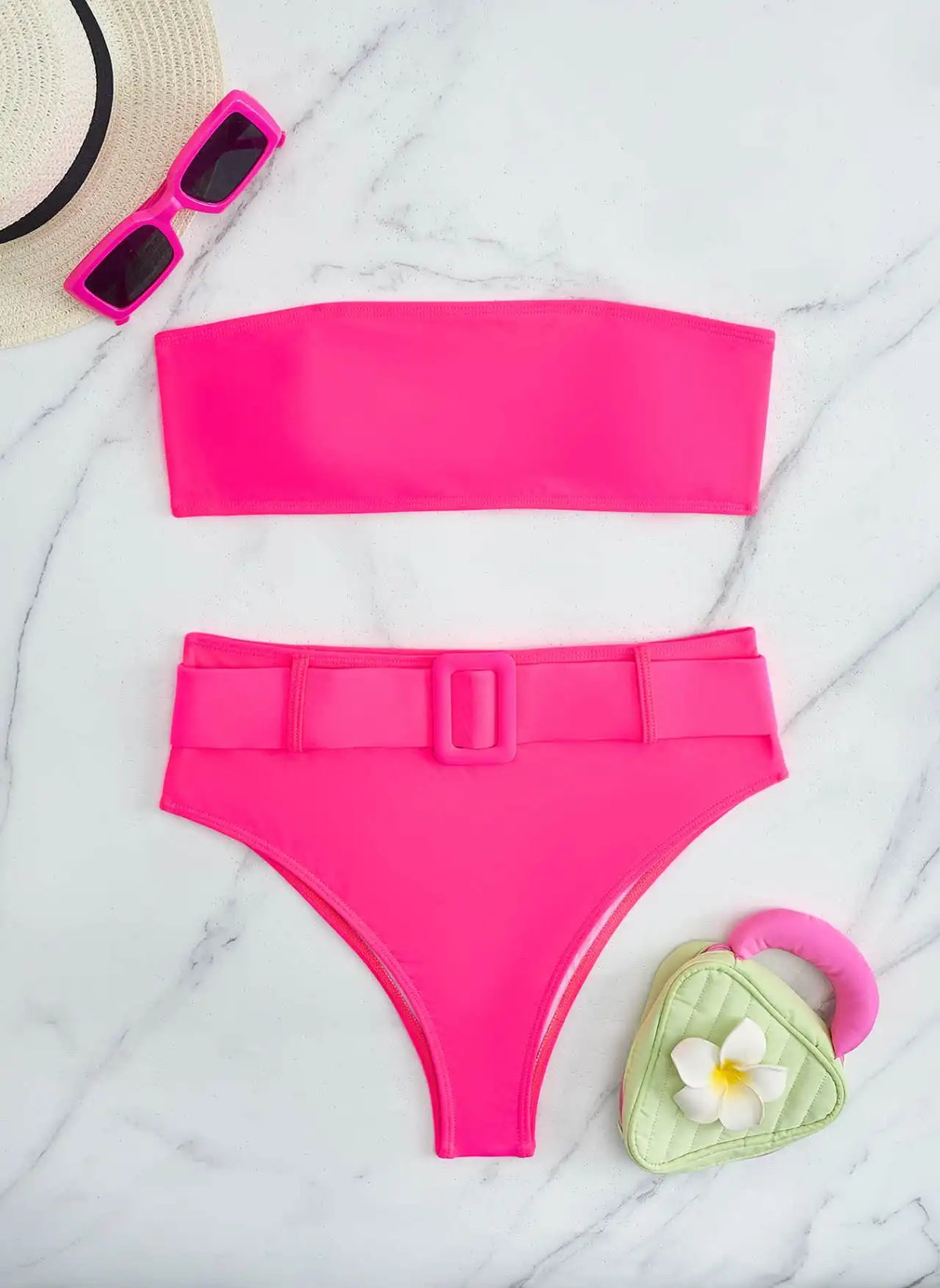 Neon Yellow High Waist Bikini 2024 New Belt Women Sexy Two Piece Swimsuit Push Up Swimwear Female Bathing Suit Summer Beachwear