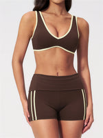 Tight Color Contrast Yoga Suit 2 Pieces Women V Neck Sports Bra Pleate High Waist Shorts Gym Running Fitness Suits Tracksuit