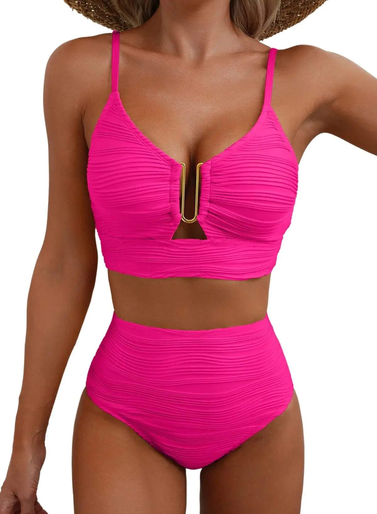 Women's New Swimsuit Bikini Set Fashion Sexy V-neck Hollow Swimsuit High Waist Textured Ruffled Swimsuit Women's Bikini Women