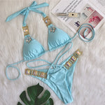 Sexy Rhinestones Thong Bikini Women Green Push Up Glitter Diamond Band 3 Piece Swimsuit Chain Metal Bathing Suit Luxury Swimwear