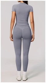 2PCS Women's Tracksuit Seamless Yoga Set Short Sleeve O Neck Workout T Shirts Fitness Suit Tight Hip Lifting Leggings Gym Sets