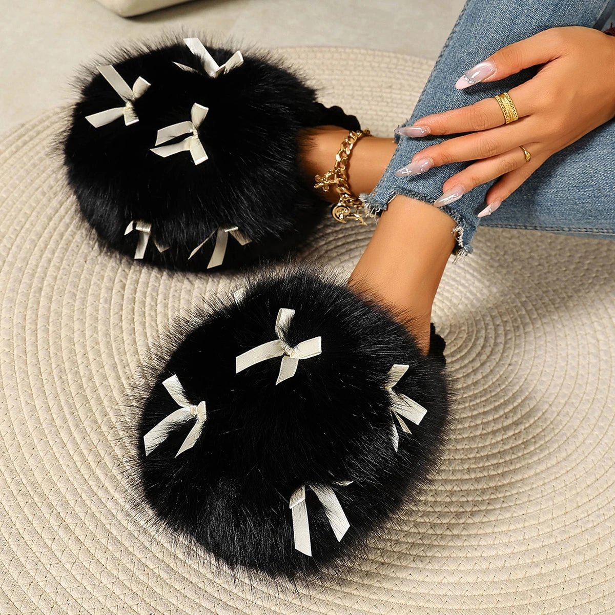 Women Winter Fluffy Closed Toe Slippers Sweet Bow Ornament Soft Non‑Slip Sole Warm Cozy Indoor Outdoor Casual Footwear