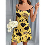 Women Summer Camisole Nightgown Backless Heart LOVE Print Soft Breathable Sleepwear Ruffle Hem Round Neck Night Dress
