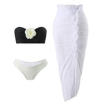 sexy 3d flower bandeau bikinis sets 3pcs with long mesh split skirt black white patchwork swimsuit bathing suit beach outfits