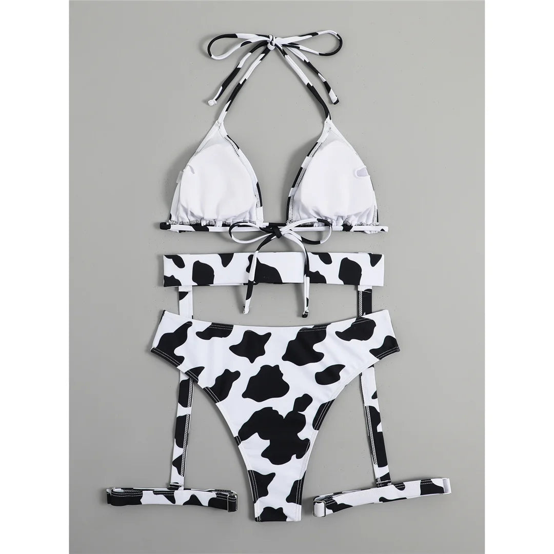 Sexy With Garter Spots Halter Bikini Female Swimsuit Women Swimwear Three-pieces Bikini set Bather Bathing Suit Swim Lady K4439